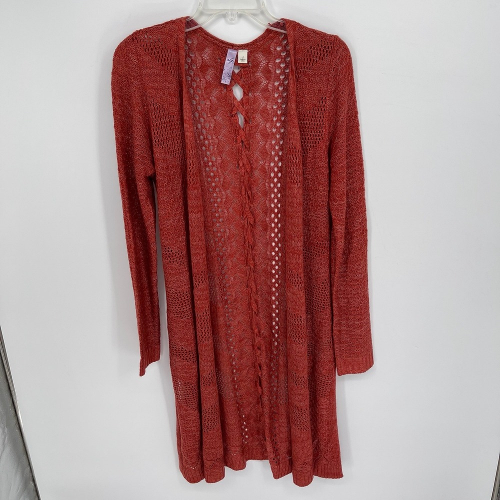 Alya Women's Rust Pointelle Knit Lace-Up Back Longline Cardigan Sweater Size S